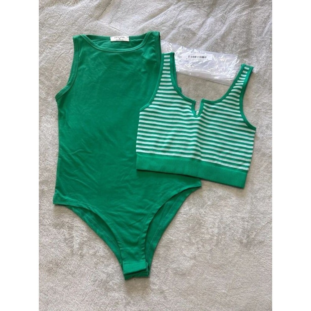 Crop top bodysuit lot set of two green white stripe compression layering By